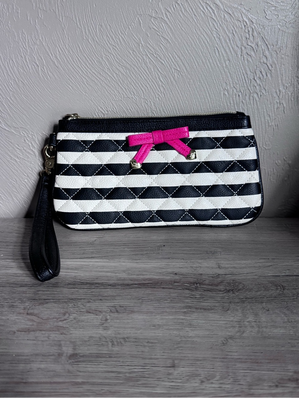 Betsey Johnson Striped Quilted Wristlet Clutch with Pink Bow Heart